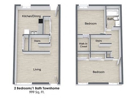 Floor plan for 2 beds, 1 bath, 1020 sqft